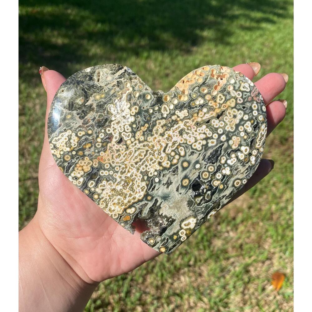 8th Vein Ocean Jasper Heart Carving , Large 327 g , Unique Orbicular Sea Jasper